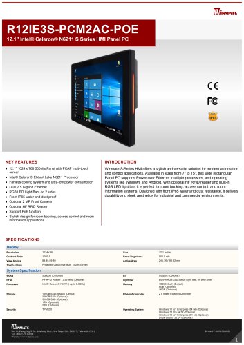 12.1" Intel&reg; Celeron&reg; N6211 S Series HMI Panel PC R12IE3S-PCM2AC-POE