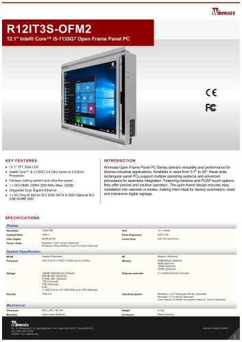12.1" Intel&reg; Core&trade; i5-1135G7 Open Frame Panel PC R12IT3S-OFM2