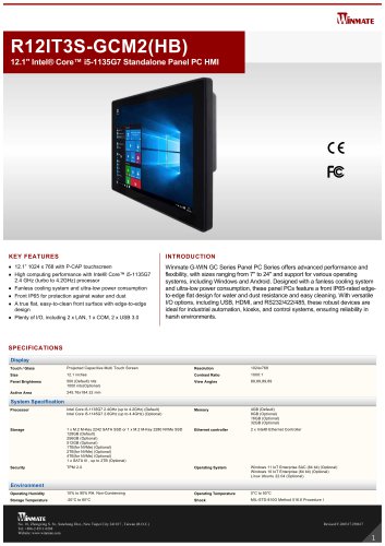 12.1" Intel&reg; Core&trade; i5-1135G7 Standalone Panel PC HMI R12IT3S-GCM2(HB)