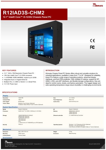 12.1" Intel&reg; Core&trade; i5-1235U Chassis Panel PC R12IAD3S-CHM2