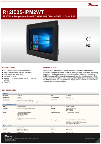 12.1" Wide Temperature Panel PC with Intel&reg; Celeron&reg; N6211, Front IP65 R12IE3S-IPM2WT