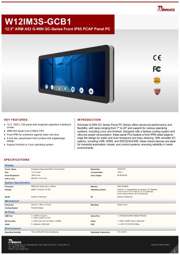 12.3" ARM A53 G-WIN GC-Series Front IP65 PCAP Panel PC W12IM3S-GCB1