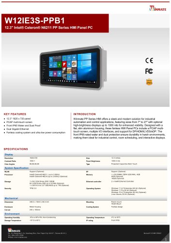 12.3" Intel&reg; Celeron&reg; N6211 PP Series HMI Panel PC W12IE3S-PPB1