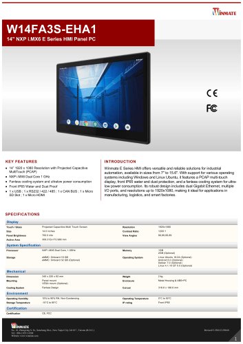 14" NXP i.MX6 E Series HMI Panel PC W14FA3S-EHA1