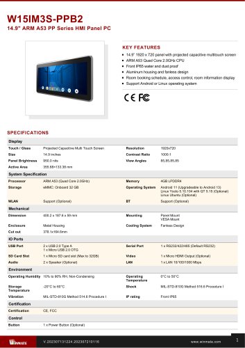 14.9" ARM A53 PP Series HMI Panel PC