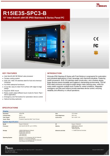 15" Intel Atom&reg; x6413E IP65 Stainless B Series Panel PC R15IE3S-SPC3-B