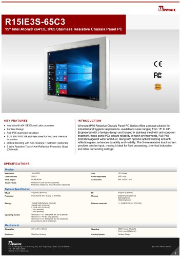 15" Intel Atom&reg; x6413E IP65 Stainless Resistive Chassis Panel PC R15IE3S-65C3