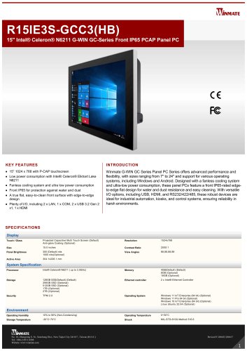 15" Intel&reg; Celeron&reg; N6211 G-WIN GC-Series Front IP65 PCAP Panel PC R15IE3S-GCC3(HB)