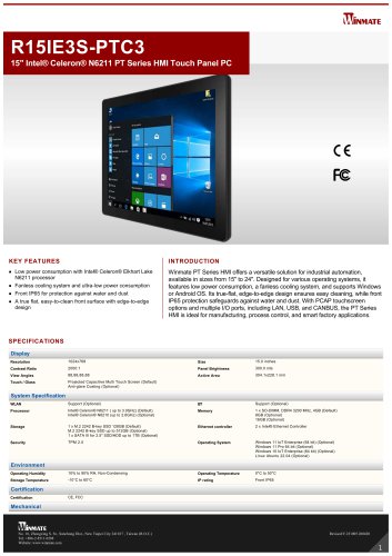 15" Intel&reg; Celeron&reg; N6211 PT Series HMI Touch Panel PC R15IE3S-PTC3