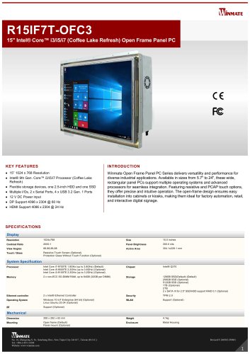 15" Intel&reg; Core&trade; i3/i5/i7 (Coffee Lake Refresh) Open Frame Panel PC R15IF7T-OFC3