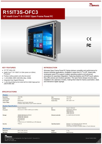 15" Intel&reg; Core&trade; i5-1135G7 Open Frame Panel PC R15IT3S-OFC3