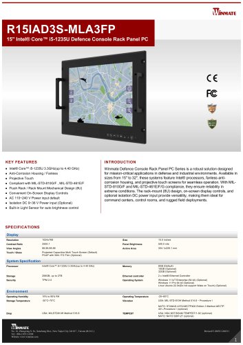 15" Intel&reg; Core&trade; i5-1235U Defence Console Rack Panel PC R15IAD3S-MLA3FP