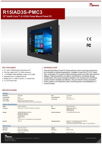 15" Intel&reg; Core&trade; i5-1235U Panel Mount Panel PC R15IAD3S-PMC3