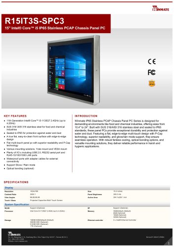 15" Intel&reg; Core&trade; i5 IP65 Stainless PCAP Chassis Panel PC R15IT3S-SPC3