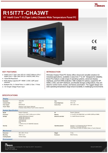 15&rdquo; Intel&reg; Core&trade; i5 (Tiger Lake) Chassis Wide Temperature Panel PC R15IT7T-CHA3WT