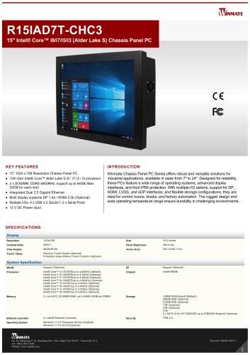 15" Intel&reg; Core&trade; i9/i7/i5/i3 (Alder Lake S) Chassis Panel PC R15IAD7T-CHC3