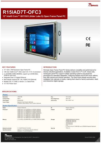 15" Intel&reg; Core&trade; i9/i7/i5/i3 (Alder Lake S) Open Frame Panel PC R15IAD7T-OFC3