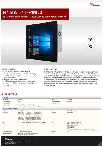 15" Intel&reg; Core&trade; i9/i7/i5/i3 (Alder Lake S) Panel Mount Panel PC R15IAD7T-PMC3