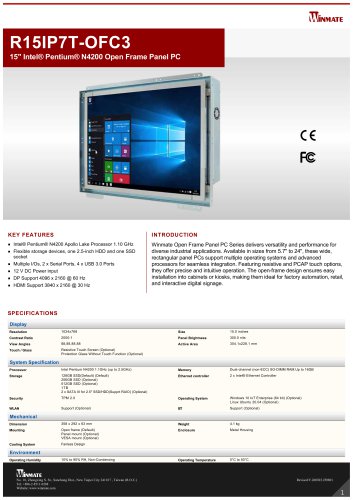 15" Intel&reg; Pentium&reg; N4200 Open Frame Panel PC R15IP7T-OFC3