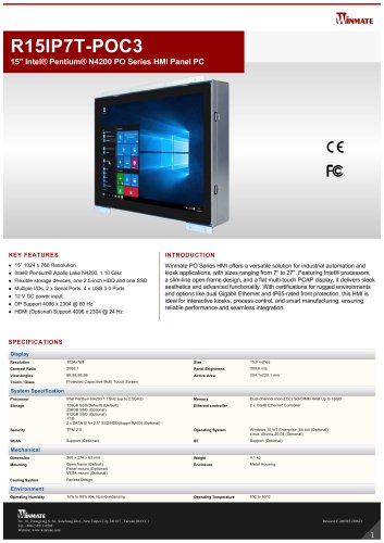 15" Intel&reg; Pentium&reg; N4200 PO Series HMI Panel PC R15IP7T-POC3