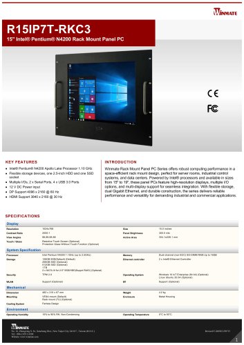 15" Intel&reg; Pentium&reg; N4200 Rack Mount Panel PC R15IP7T-RKC3