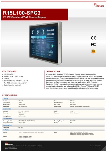 15" IP65 Stainless PCAP Chassis Display R15L100-SPC3