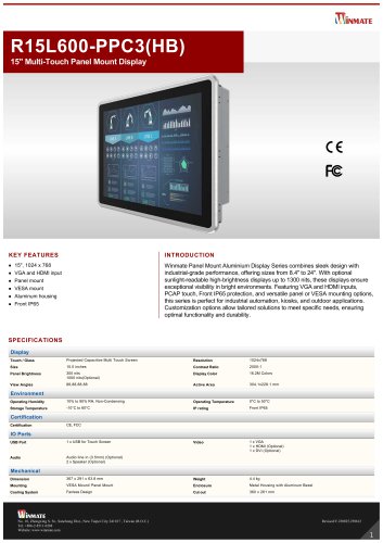 15" Multi-Touch Panel Mount Display R15L600-PPC3(HB)