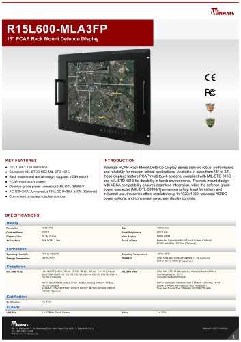 15" PCAP Rack Mount Defence Display R15L600-MLA3FP