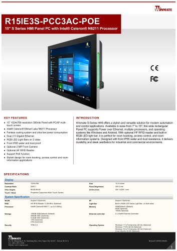 15" S Series HMI Panel PC with Intel&reg; Celeron&reg; N6211 Processor R15IE3S-PCC3AC-POE