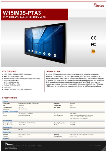15.6" ARM A53, Android 11 HMI Panel PC W15IM3S-PTA3
