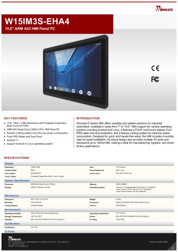 15.6" ARM A53 HMI Panel PC W15IM3S-EHA4