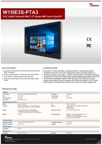 15.6" Intel&reg; Celeron&reg; N6211 PT Series HMI Touch Panel PC W15IE3S-PTA3