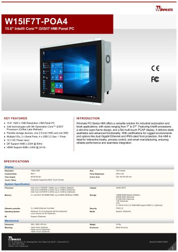 15.6" Intel&reg; Core&trade; i3/i5/i7 HMI Panel PC W15IF7T-POA4