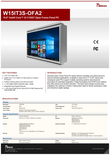 15.6" Intel&reg; Core&trade; i5-1135G7 Open Frame Panel PC W15IT3S-OFA2