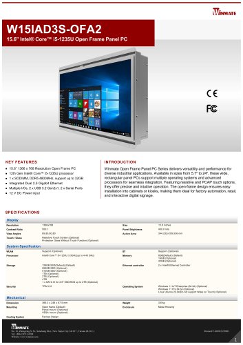15.6" Intel&reg; Core&trade; i5-1235U Open Frame Panel PC W15IAD3S-OFA2
