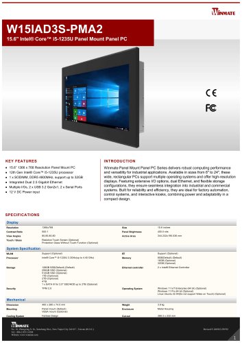 15.6" Intel&reg; Core&trade; i5-1235U Panel Mount Panel PC W15IAD3S-PMA2