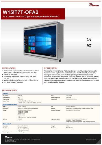 15.6&rdquo; Intel&reg; Core&trade; i5 (Tiger Lake) Open Frame Panel PC W15IT7T-OFA2
