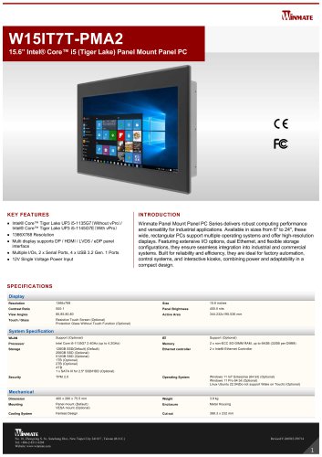 15.6&rdquo; Intel&reg; Core&trade; i5 (Tiger Lake) Panel Mount Panel PC W15IT7T-PMA2