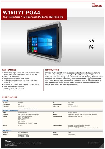 15.6&rdquo; Intel&reg; Core&trade; i5 (Tiger Lake) PO Series HMI Panel PC W15IT7T-POA4
