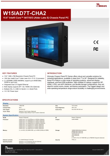 15.6" Intel&reg; Core&trade; i9/i7/i5/i3 (Alder Lake S) Chassis Panel PC W15IAD7T-CHA2