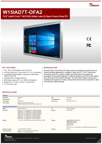 15.6" Intel&reg; Core&trade; i9/i7/i5/i3 (Alder Lake S) Open Frame Panel PC W15IAD7T-OFA2