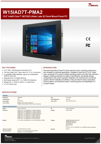 15.6" Intel&reg; Core&trade; i9/i7/i5/i3 (Alder Lake S) Panel Mount Panel PC W15IAD7T-PMA2