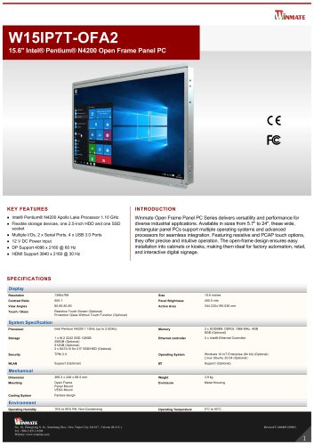 15.6" Intel&reg; Pentium&reg; N4200 Open Frame Panel PC W15IP7T-OFA2