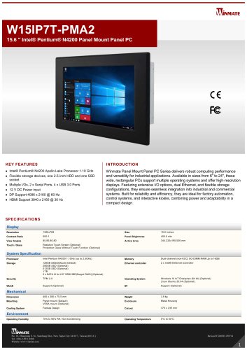 15.6 " Intel&reg; Pentium&reg; N4200 Panel Mount Panel PC W15IP7T-PMA2