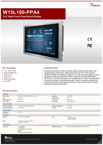 15.6" Multi-Touch Panel Mount Display W15L100-PPA4