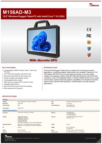 15.6" Windows Rugged Tablet PC with Intel&reg; Core&trade; i5-1235U M156AD-M3