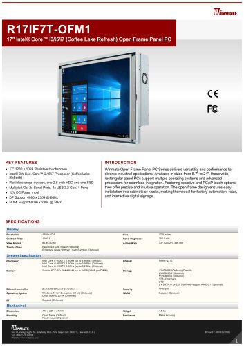 17" Intel&reg; Core&trade; i3/i5/i7 (Coffee Lake Refresh) Open Frame Panel PC R17IF7T-OFM1