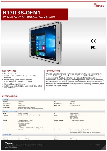 17" Intel&reg; Core&trade; i5-1135G7 Open Frame Panel PC R17IT3S-OFM1