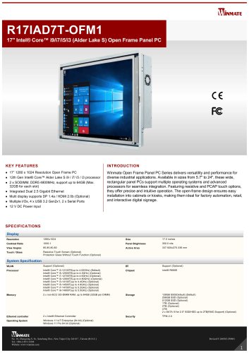 17" Intel&reg; Core&trade; i9/i7/i5/i3 (Alder Lake S) Open Frame Panel PC R17IAD7T-OFM1