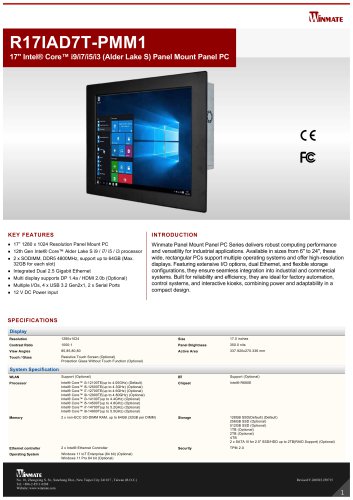 17" Intel&reg; Core&trade; i9/i7/i5/i3 (Alder Lake S) Panel Mount Panel PC R17IAD7T-PMM1